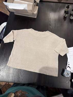 Eileen Fisher Linen Cotton Short Sleeve Boxy Knit Sweater Beige Size M tan beige